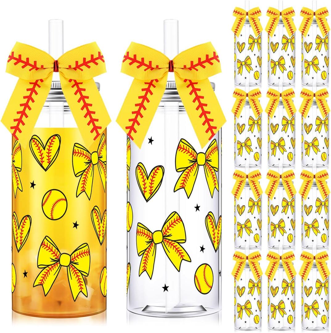 Remerry 12 Sets Softball Plastic Tumblers with Lid and Straw Bow Decorated Reusable Softball Plastic Cups Sports Party Favor for Birthday Team Party Decorations Supplies Fan Friend Birthday