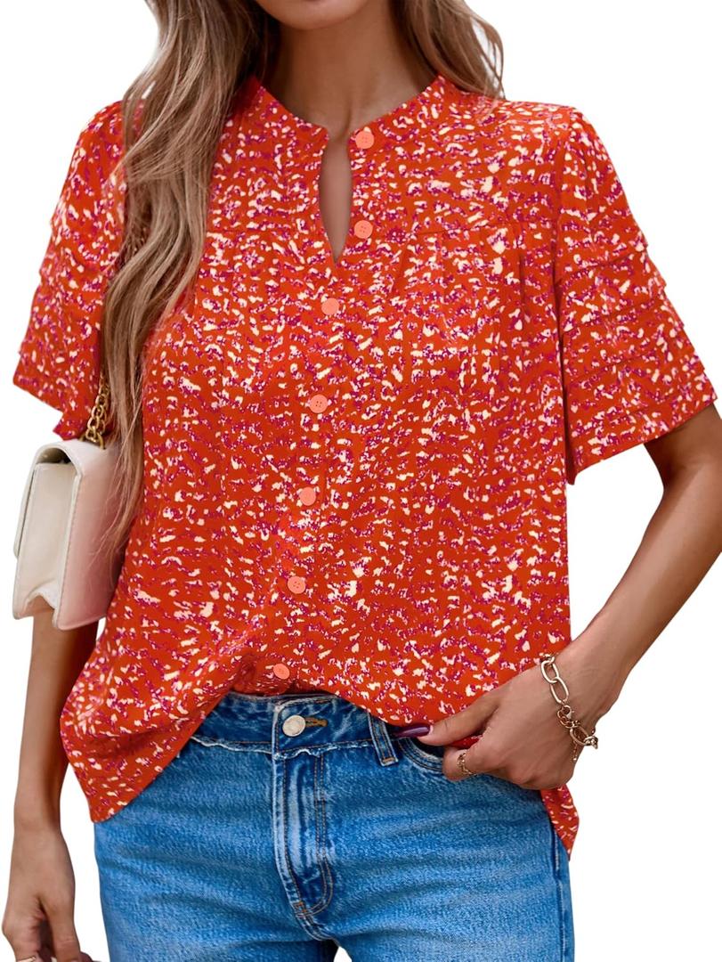 MASCOMODA Womens Tops Summer Boho Floral Short Sleeve Button Down Shirts Crewneck Loose Vacation Dressy Casual Work Blouses (Orange, S)