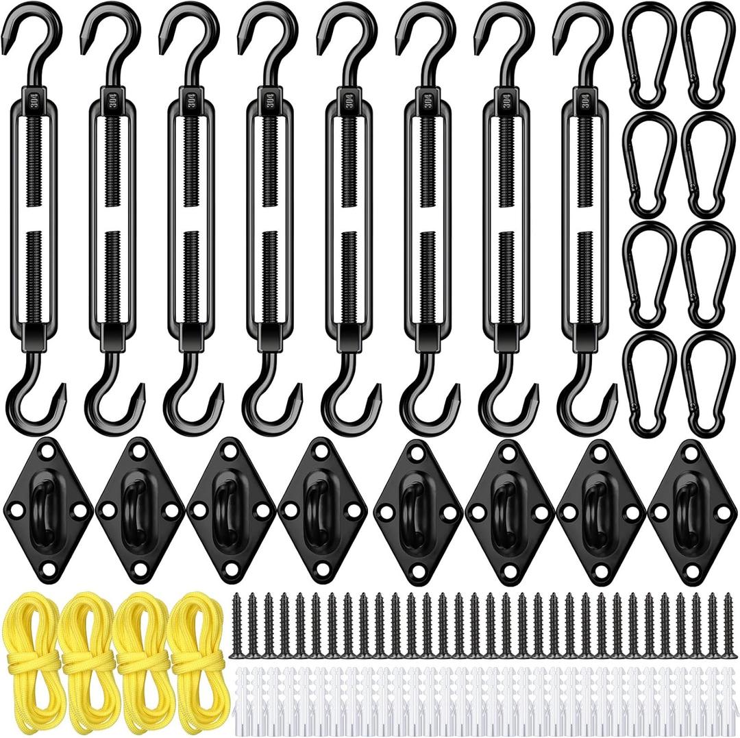 Tandefio 92 Pcs Sun Shade Sail Hardware Kit Heavy Duty Anti Rust Retractable Stainless Steel Outdoor Shade Sail for Triangle Rectangle Installation (Black)