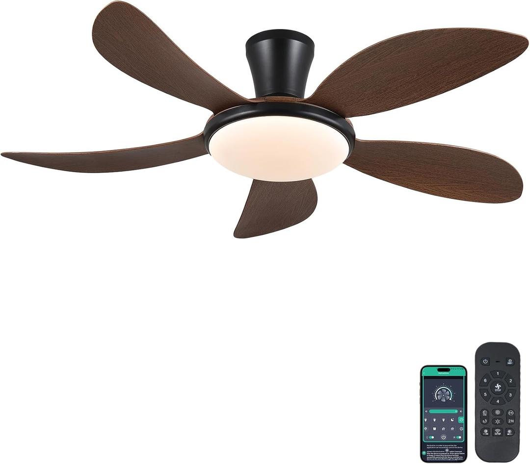 PHORUS Low Profile Ceiling Fans with Lights and Remote/APP,48 Inch Modern LED Ceiling Fans with Quiet Reversible DC Motor, Dimmable 3 Colors 6 Speeds (Brown)