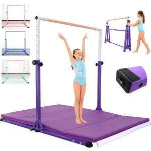 Seliyoo Foldable Gymnastics Bar for Kids Teens Ages 3-18, 5FT/6FT Kip Training Bar -Sturdy Base for Home Training,Adjustable Height 35" to 59" for, 400 LBS Capacity,Anti-Slip Base & Easy Assembly (Three base connections, Hot Purple-with Mat)