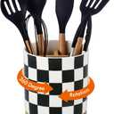 LoeJan 3 Compartment Utensil Holder, Extra Large Utensil Crock, Stable Ceramic Utensil Organizer, Cooking Tool Organizer Set for Kitchen Counter Farmhouse Decor (Black(Square)) (7.2 inch)