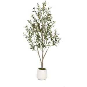 VIVATREES Olive Trees Artificial Indoor, 5FT Tall Faux Olive Tree with White Tall Planter, Artificial Plants with Natural Wood Trunk and Lifelike Fruits for Home Office Decor
