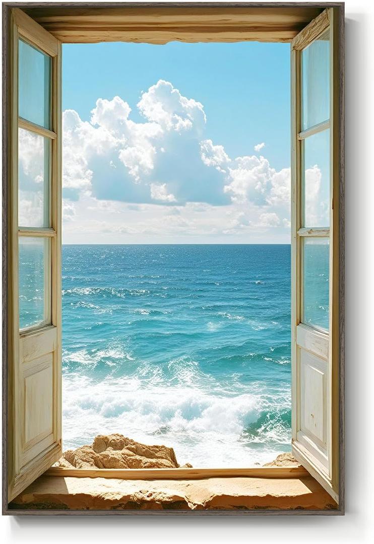 Framed Window Beach Scene Wall Art, Blue Ocean Vertical Coastal Canvas Painting Prints, Summer Seascape Wave Artworks for Living Room Entryway Hallway Office Wall Decor, 24x36 Inch