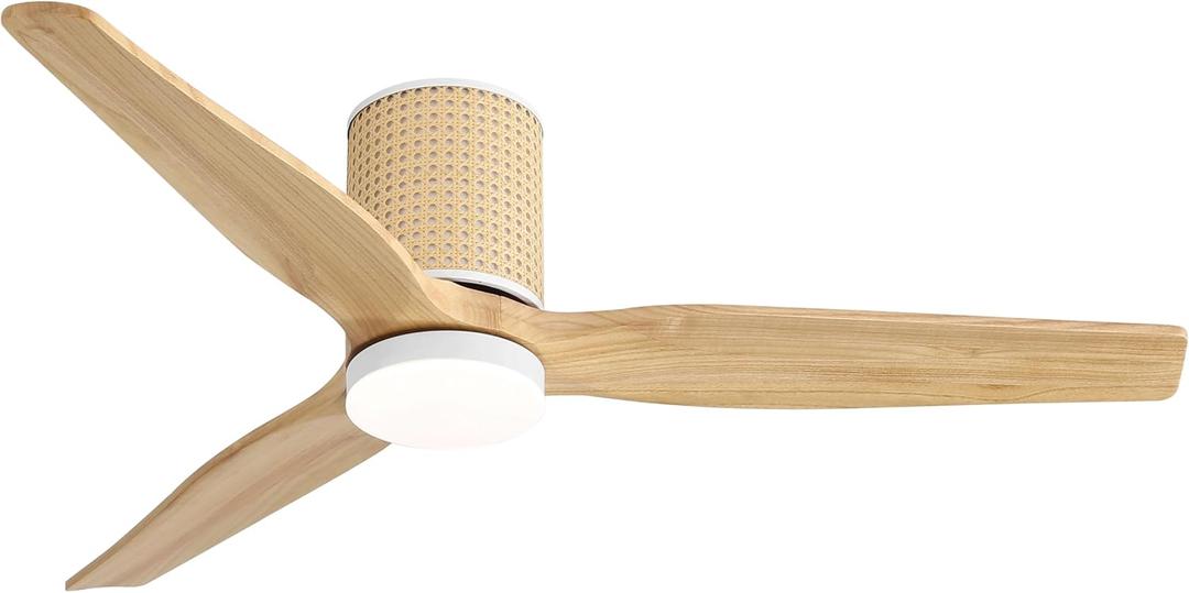 LEDLUX 52" Ceiling Fan with Light - Low Profile Flush Mount Ceiling Fan, 6-Speed Remote Control, Solid Wood, Quiet Reversible DC Motor, Wood/White Finish, for Bedroom, Living Room, Porch