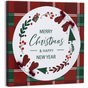 ArtbyHannah 16x16 Inch Christmas Canvas Wall Art, Framed With 3D Greetings and Red Balls, Red & Green Plaid Decor for Bedroom, Bathroom