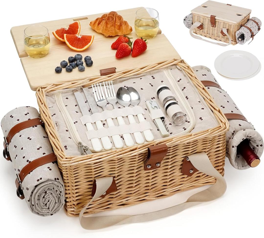 HappyPicnic Picnic Basket for 2, Handmade Wicker Picnic Set with Folding Table and Waterproof Blanket, Large Insulated Picnic Basket with Bag & Cutlery Kit for Picnic, Camping, Holidays (Cherry)