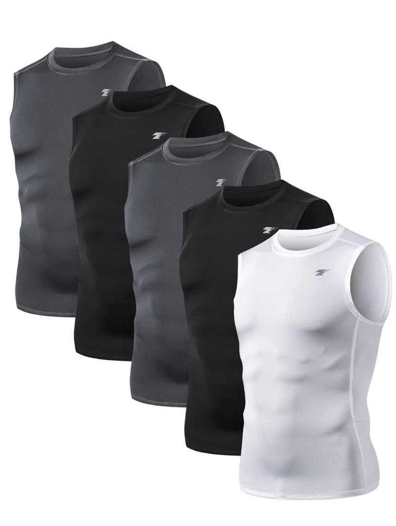 TELALEO 5 Pack Men's Athletic Compression Shirts Sleeveless Workout Tank Top Sports Base Layer Running Basketball, Size XXL
