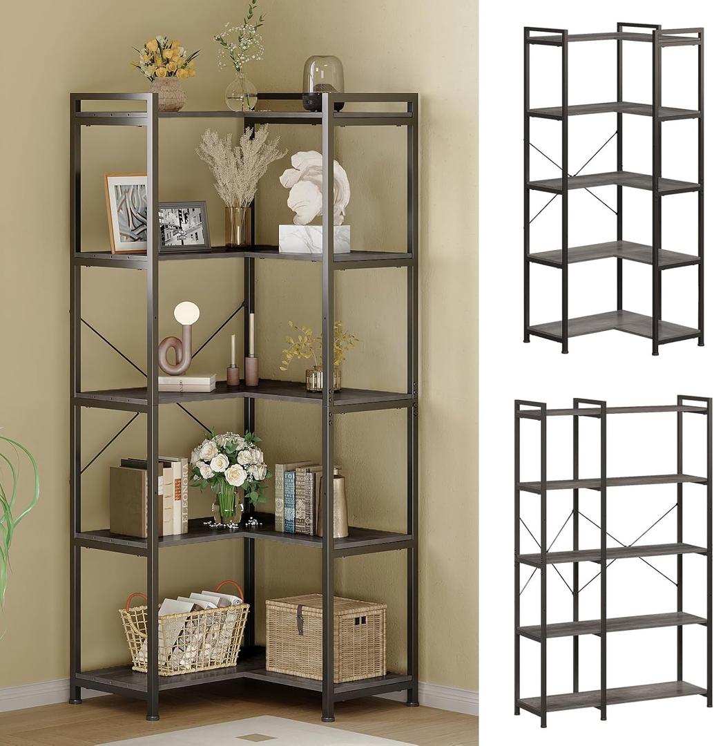 Tohomeor Bookshelf 5 Tier Deformable Corner Bookcase Free Standing Modern Industrial Book Storage Display Book Shelf for Bedroom Living Room Study Room Office (Dark Grey)