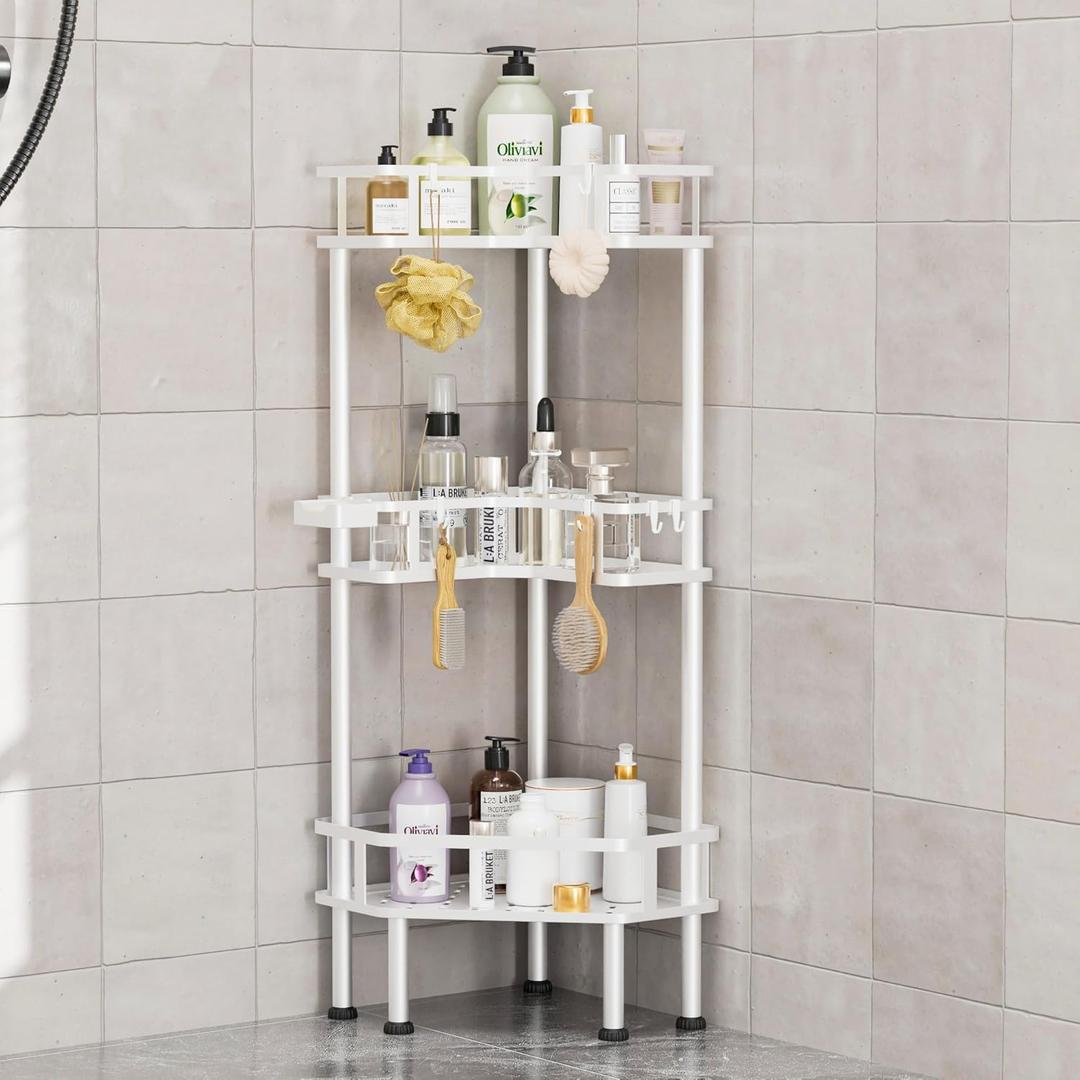 FJNATINH Corner Shower Caddy - 3 Tier Shower Organizer Corner Shelf Stainless Steel Floor Corner Shower Stand Rack for Bathroom Balcony Kitchen, Large Storage Capacity, Adjustable Legs, White