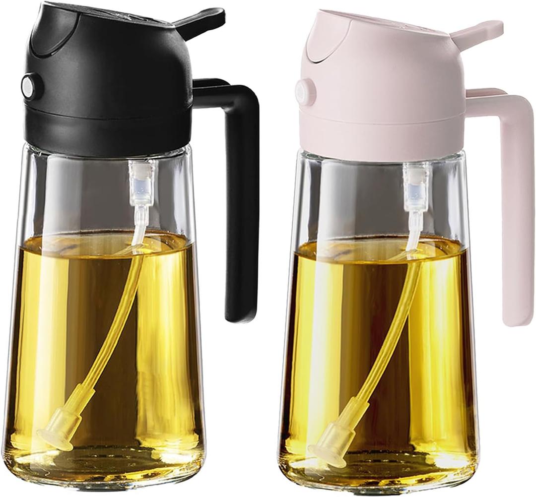 TrendPlain 16oz/470ml Glass Olive Oil Sprayer for Cooking - 2 in 1 Olive Oil Dispenser for Kitchen Gadgets, Air Fryer, Salad, and BBQ - Black & Peach (Black&Peach)