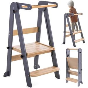 Gewitt Foldable Toddler Kitchen Stool Helper - Adjustable Height Folding Toddler Standing Tower, Kids Helper Stool with Safty Rail for Kitchen Counter Bathroom (Grey)