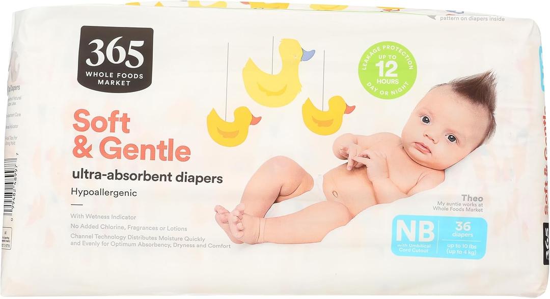 365 by Whole Foods Market, Soft & Gentle Newborn Diapers with Wetness Indicator, Ultra-Absorbent, Hypo-Allergenic, 36 Count