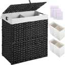 Greenstell Laundry Hamper with lid, No Install Needed, 110L Wicker Laundry Baskets Foldable 2 Removable Liner Bags, 2 Section Clothes Hamper Handwoven Rattan Laundry Basket with Handle, Black (110L (22.2x13.3x24.0 Inches))