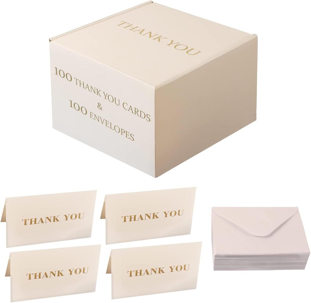 Bonfasvo 100 Pack White Thank You Cards & 100 Pack White Envelopes 4.25 x 6.25 inches Elegant Fold Over Greetings Blank Inside, Handwritten Style For Business Graduation Baby Shower & Wedding