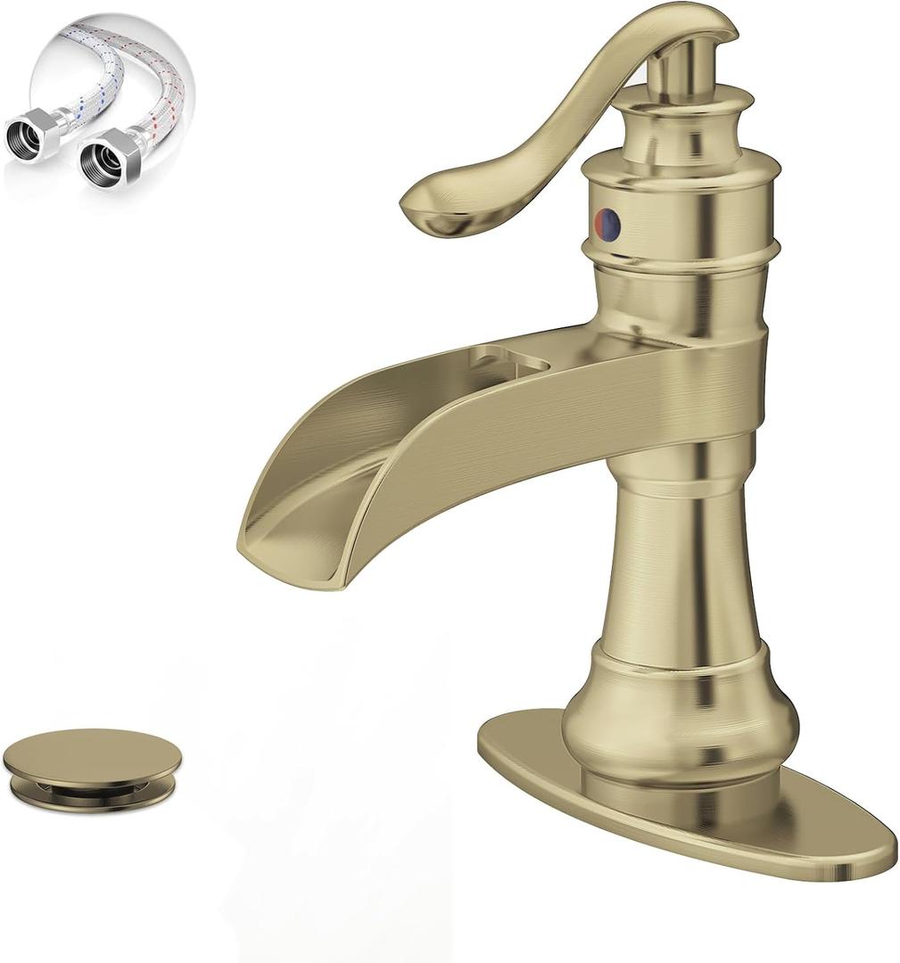 Brushed Gold Bathroom Faucet, Waterfall Bathroom Sink Faucet, 1 Hole Single Handle Farmhouse Lavatory Vanity Deck Mount Vintage with Pop Up Drain with Overflow Parts Mixer Tap