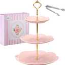 Jusalpha 3-Tier Pink Porcelain Cake Stand/Cupcake Stand/Dessert Stand/Tea Party Pastry Serving Platter/Food Display, Stand, Comes in a Gift Box- Free Sugar Tong, Pink