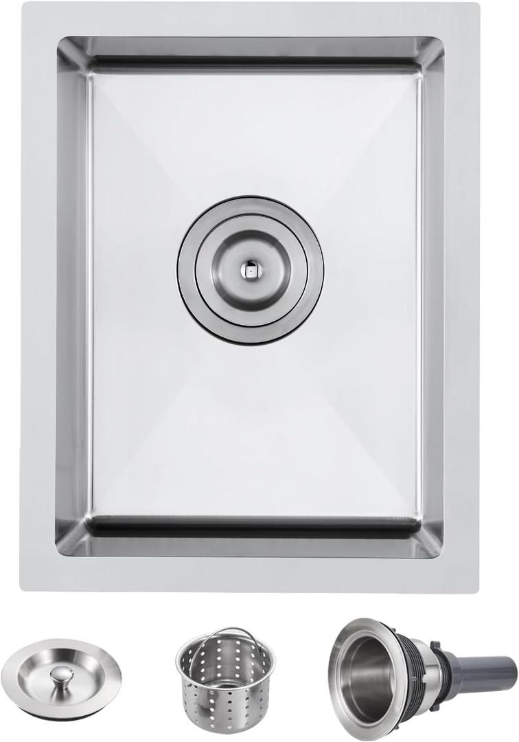 POPFLY 13 Inch Undermount Bar Sink, 18 Gauge Stainless Steel 13x17" Sink Outdoor Brushed Nickel Single Rv Prep Sink, 6 inch Depth Utility Kitchen Small Under counter Water Sinks