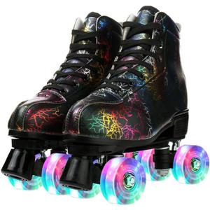 Roller Skates for Women and Men Cowhide High-Top Shoes Classic Double-Row Roller Skate Four-Wheel Roller Skates for Men Girls Unisex (45--10.82''--Men:11-Women:12, lightning black flash wheel)