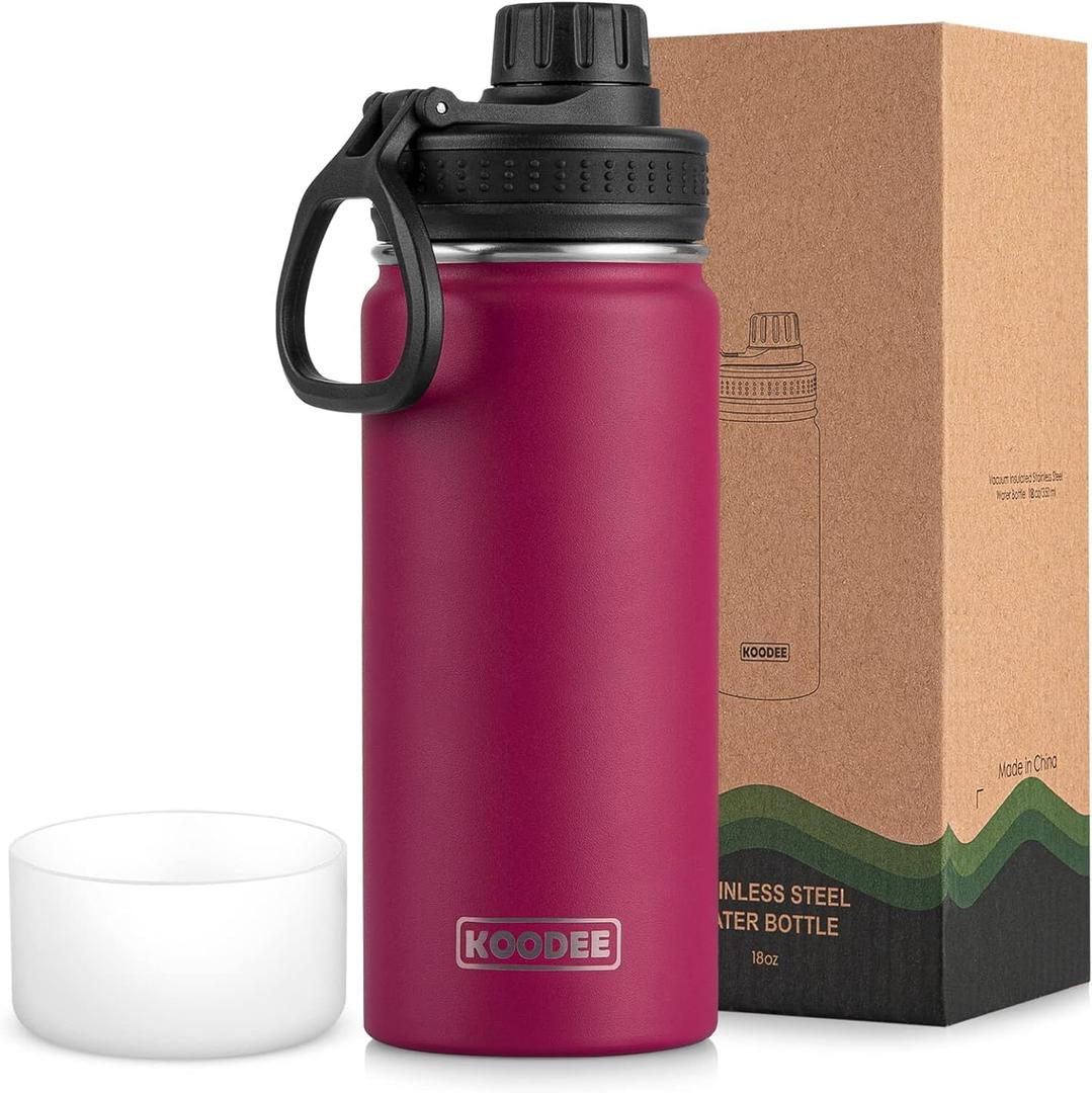 koodee Insulated Water Bottle, 18 oz Stainless Steel Double Wall Vacuum Wide Mouth Sport Bottle with Leakproof Spout Lid (Fuchsia Red)