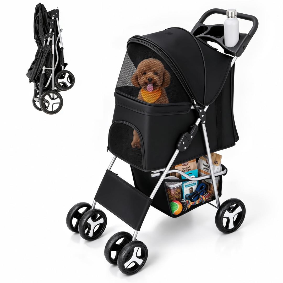  Foldable Pet Stroller, Cat/Dog Stroller with 4 Wheels