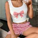 Women's 2 Piece Outfits Bow Graphic Crop Tank Top and Frill Bloomers Shorts Summer Outfits Trendy (XL)