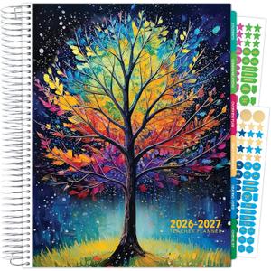 DELUXE TEACHER PLANNER Aug 2026-Jul 2027 8.5x11 Daily Weekly Monthly Organizers with 7 Periods, Pocket Folder, Dated Calendar, Page Tabs, Bookmark and Planning Stickers (Black Tree Seasons)