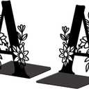 Peacoblue Metal Bookends for Shelves, Modern Decorative Heavy Duty Study Book Ends Stoppers for Office, Desk, Shelf, Room 5.3"x4.3"x7.1" Cast Iron Simple Tall Bookends 1 Pair (Letter A with Flower)