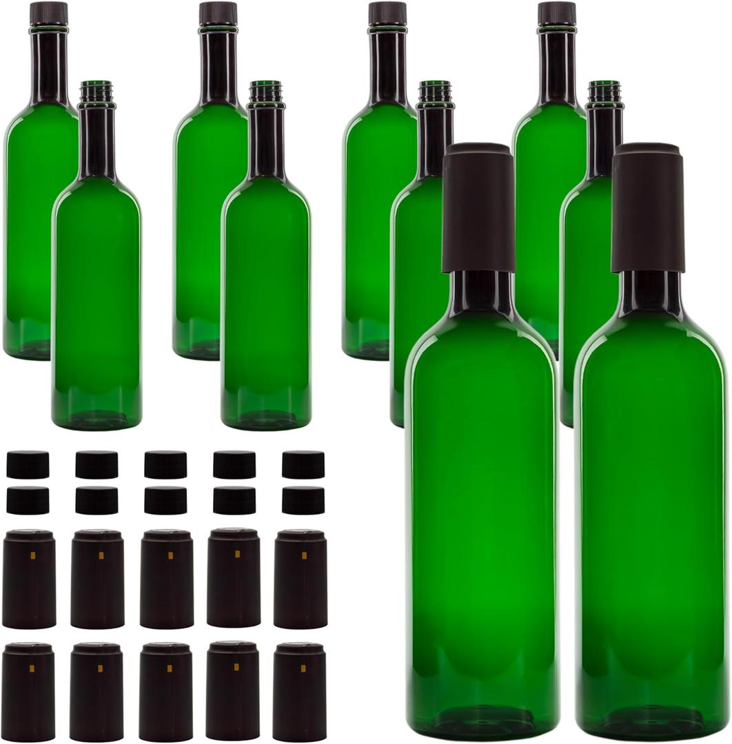 Cornucopia Brands Plastic Bottles (10-Pack, Green); Empty PLASTIC Bordeaux-Style Bottles w/Screw Caps and Seals