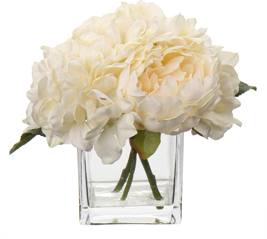 Cream Fake Flowers with Vase Hydrangea Artificial Flowers in Vase Peony Faux Flowers in Vase Rose Silk Flowers Peonies Floral Arrangements Artificial with Vase for Home Office Table Shelf Decoration Cream #23