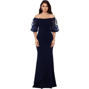 Xscape Women's Illusion Sleeve Off The Shoulder Long Dress (Reg and Petite) (Navy) 12P