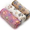 SORKUT 1 Pack 3 Puppy Dog Blankets Super Soft Warm Sleep Mat Fluffy Premium Fleece Pet Blanket Flannel Throw for Dog Puppy Cat - Paw Print Beige/Pink/Brown Medium (29"x20")