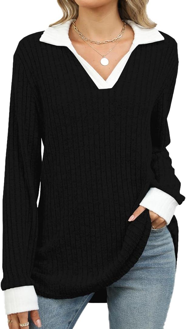 BAISHENGGT Women's Contrast Collared Shirts Casual Long Sleeve Ribbed Fall Tops Lightweight Tunic Sweaters (Large, Black)
