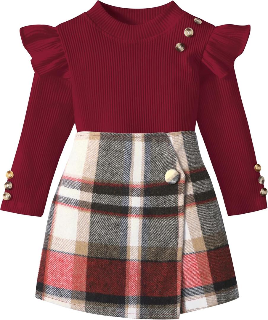 Toddler Girl Clothes,Girls Outfits Long Sleeve Ruffle Button Tops, Plaid Skirt Shorts, Hat 3Pc Little Girls Clothes