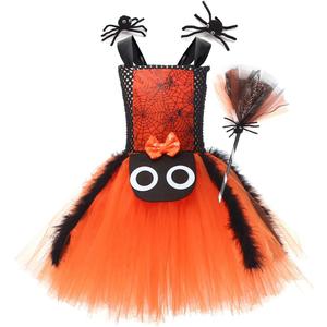 IWEMEK Kids Girls Halloween Cosplay Tutu Dress Spider Dress for Girls Princess Birthday Party Dress up Hair Clips Broom Set (4-5 Years, Orange)