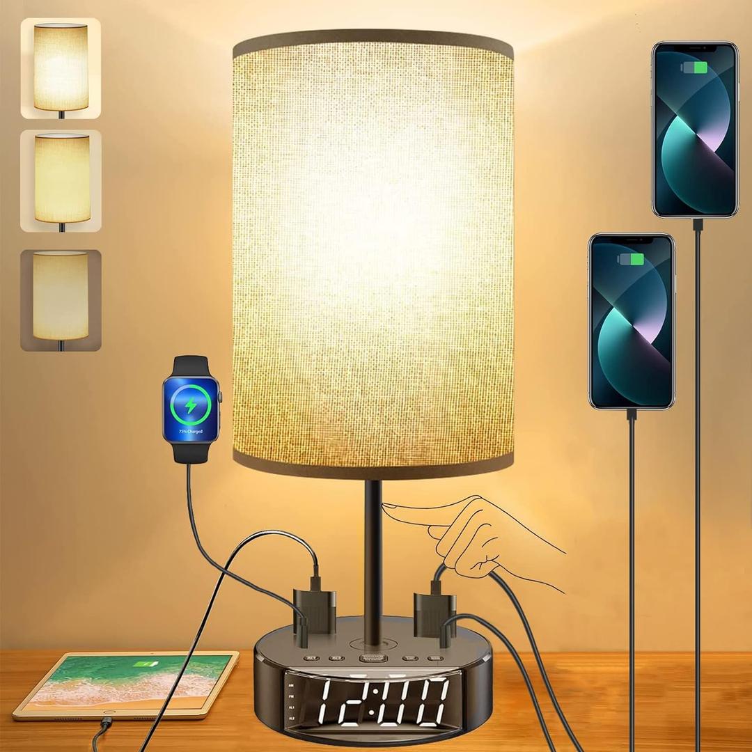 Table Lamp - Bedside Lamp with USB Ports and Outlets, Bedroom Lamp with Alarm Clock Base, 3-Way Dimmable Modern Nightstand Lamps with Round Fabric Lampshade,Touch Lamp for Bedroom Living Room Home