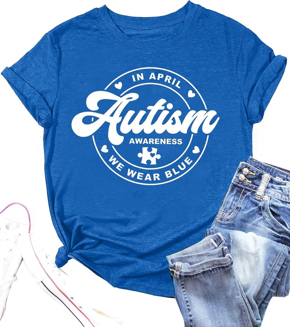 Autism Awareness Shirt for Women: in April We Wear Blue Shirts Mental Health Tee Inspirational Short Sleeve Tee Tops (Blue, XXL)