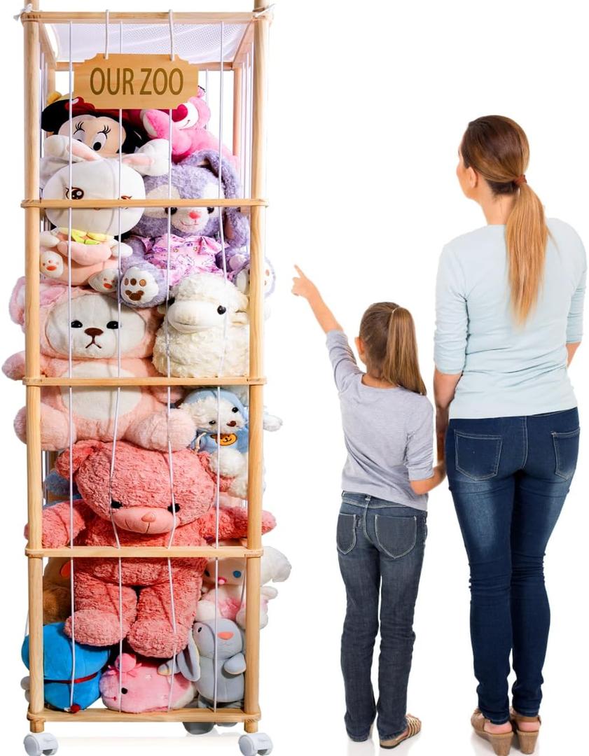 70 inch Extra Large Stuffed Animal Storage with Wheels, Wooden Stuff Animal Cage Stuffed Animal Holder with Elastic Band, Plush Toys Organizer Stuffed Animal Zoo for Playroom Bedroom Nursery Room