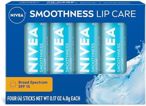 NIVEA Smoothness Lip Care, Sunscreen Lip Balm with SPF 15 Broad Spectrum, Shea Butter, Nourishing Oils and Vitamin C & E, 3-in-1 Moisture, Repair and Sunscreen, 0.17 Oz Stick, Pack of 4