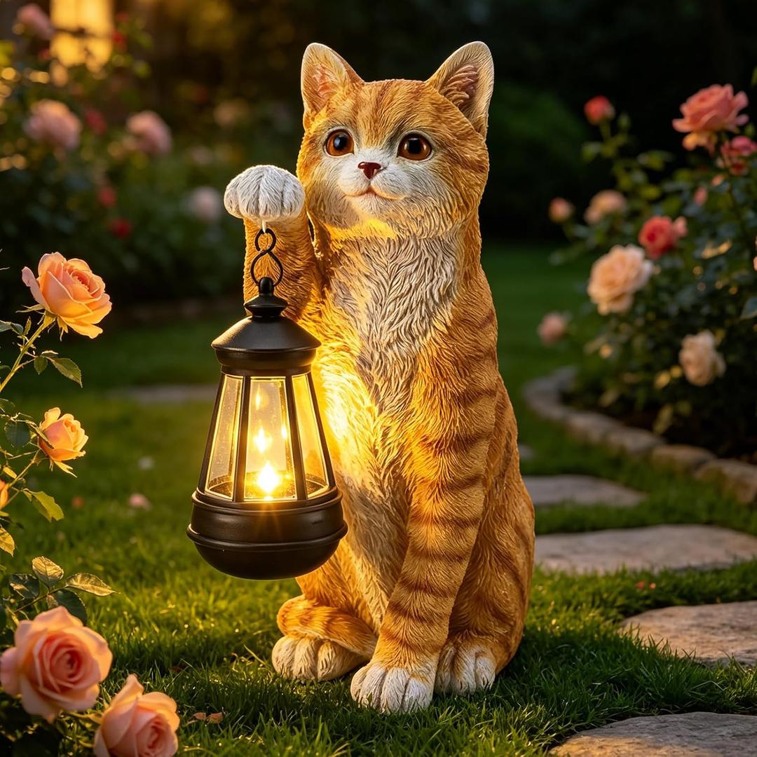 MUMTOP Cat Garden Statue - Cat Solar Lights Outdoor Garden, Resin Orange Cat Sculpture Figurines Holding Lantern for Patio, Yard, Lawn, Gardening Gifts for Women and Cat Lovers