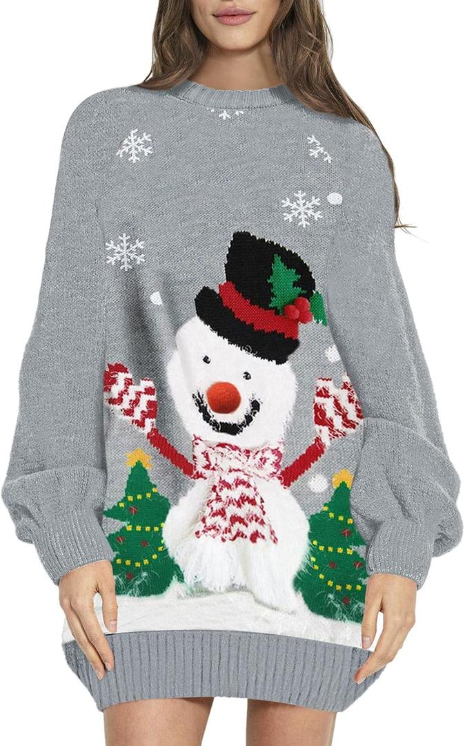 Sovoyontee Women's Cute Ugly Christmas Oversized Sweater Dress with Pockets, Tribal Pattern (Large, Gray-snowman)