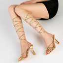 Mostrin Womens Sandals Strappy Heels for Women Lace Up Square Open Toe Heels Tie Up High Heeled Sandals for Prom, Party, Daily Wear, Gold, 11