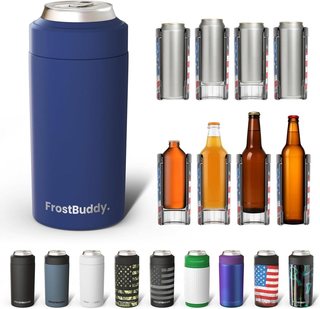 Frost Buddy Universal Can Cooler - Fits All - For Regular 12 & 16 oz or Slim-Size Bottles - Insulated Double-Walled Stainless Steel (Navy)