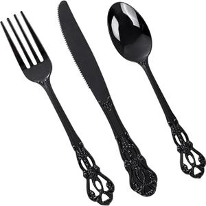 150PCS Black Plastic Silverware - Heavy Duty Disposable Cutlery Sets - Fancy Plastic Utensils Flatware Include 50 Forks, 50 Spoons, 50 Knives for Catering Dinners Wedding Party Graduation