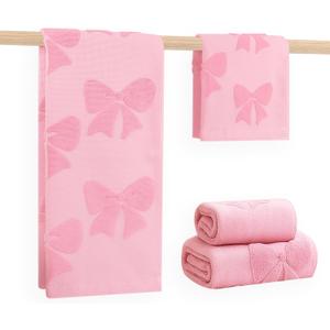 4 Pack Cotton Towel Set, Pink Soft Bathroom Bow Towel Set, Contains 2 Hand Towels 14x30in & 2 Wash Cloths 14x14in, Highly Absorbent & Lightweight, Preppy Bath Decor Wedding Gift