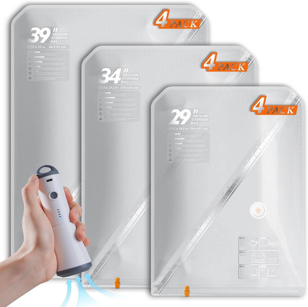 Vacbird Vacuum Seal Bags for Clothing with Rechargeable Cordless Pump, 12 Pack Compression Packing Bags, Space Saver Storage for Seasonal Clothes Bedding Blanket Pillows Comforters Luggage Travel