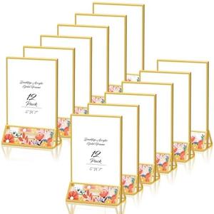 PPHSisy 5x7 Acrylic Sign Holder Gold Picture Frame Plastic Stands for Display Double Sided Clear Paper Holder Ideal for Table Top Wedding Sign Table Numbers Flyer Holder QR Code, 12 Packs