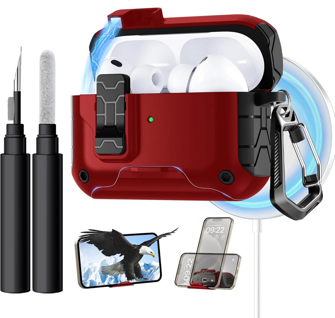 Lerobo for AirPods Pro 3 Case,(Compatible with MagSafe) with Phone Stand & Cleaning Kit,Full Drop Protection Magnetic Lock Cover Case Compatible for Apple AirPods Pro 3rd Generation,Black Red