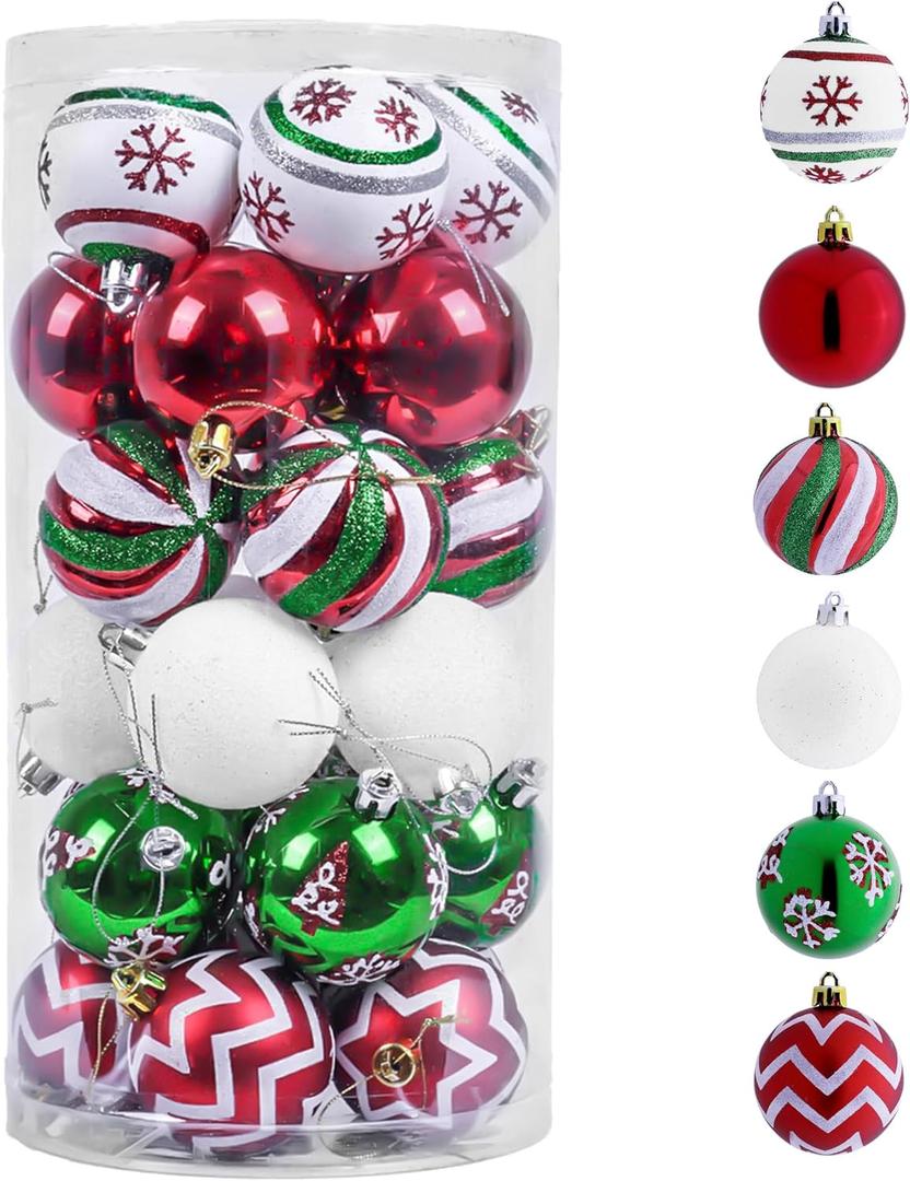 Valery Madelyn Christmas Ornaments Tree Decorations, 30ct Red Green White Shatterproof Christmas Ball Ornaments Set, 2.36 Inch Decorative Hanging Ornament Bulk for Xmas Holiday Party Decor
