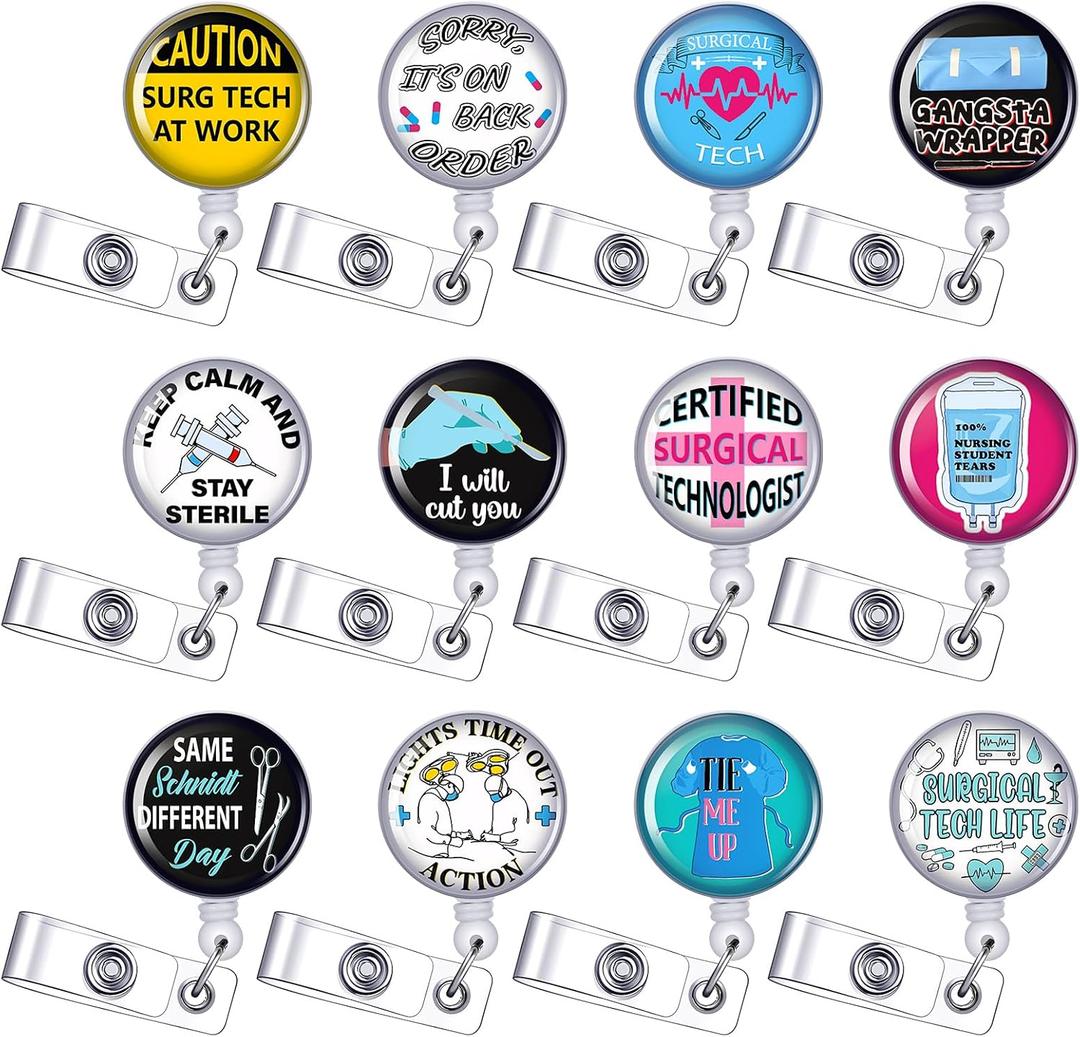 Landical 12 Pcs Funny Surgery Badge Reel Cute Surgical Badge Holder Retractable ID Clip Accessories for Nurses Doctor Women Men Office Surgeon Anesthesiologist Surgical Assistant Gift Supplies